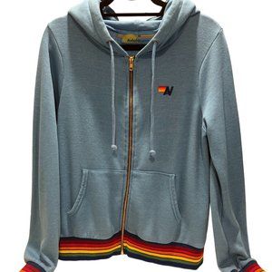 Aviator Nation rainbow rib sky blue zip front hoodie - Unisex Medium